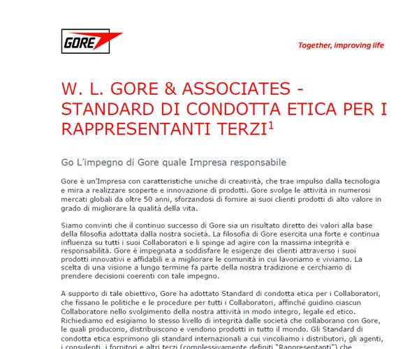 Standards of ethical conduct for third party representatives document in Italian