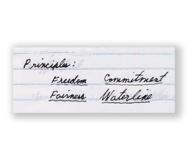 Un&#39;immagine che mostra i quattro principi guida di Gore: Freedom, Fairness, Commitment and Waterline