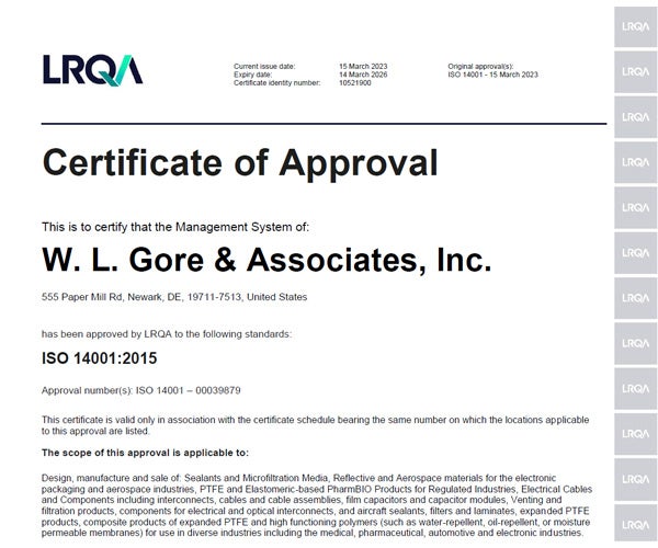 La prima pagina del certificato ISO14001.