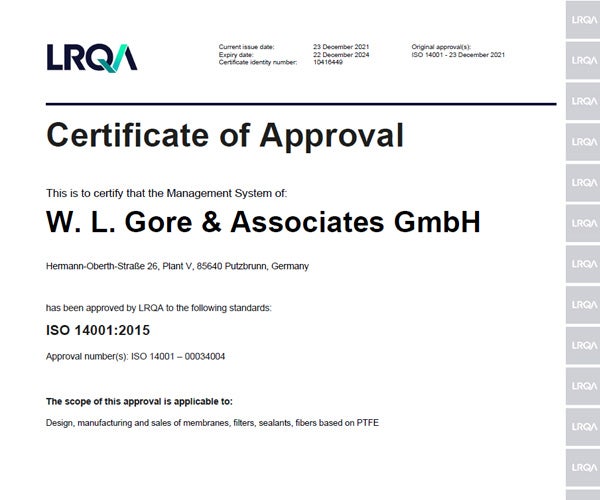 La prima pagina del certificato ISO14001.