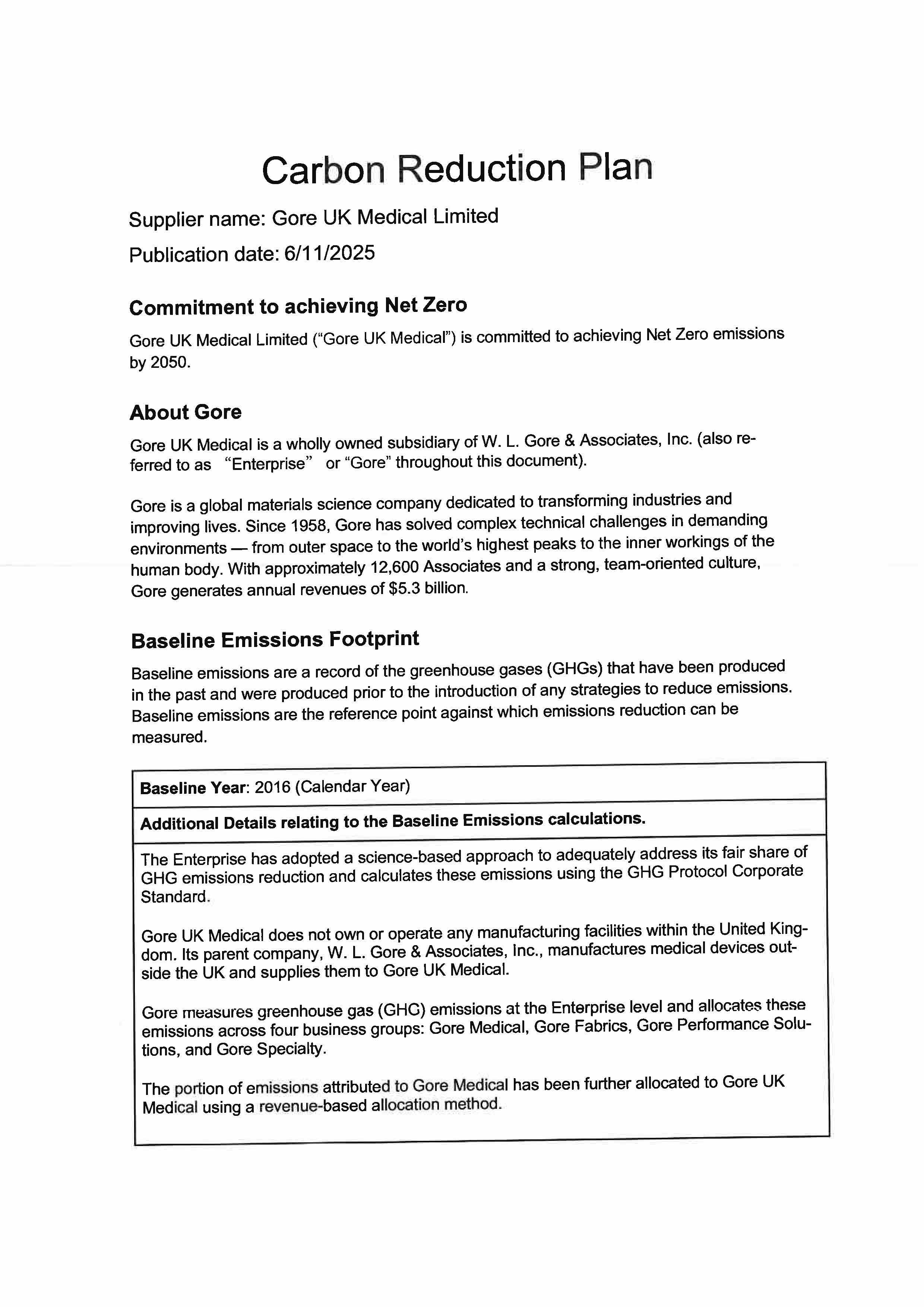 First page of Gore Medical Ltd Carbon Reduction Plan